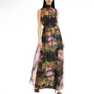 Julia Jordan Tie Neck Organza Cocktail dress- black multi. Size 8